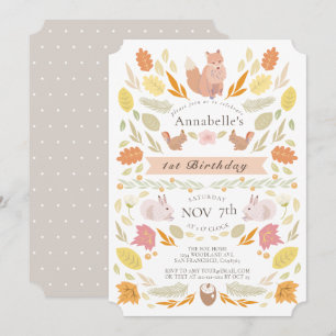 Woodland Animals Autumn Foliage 1st Birthday Invitation