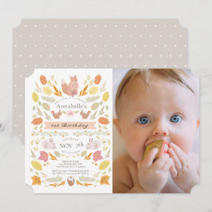 Woodland Animals Autumn Foliage Photo 1st Birthday Invitation