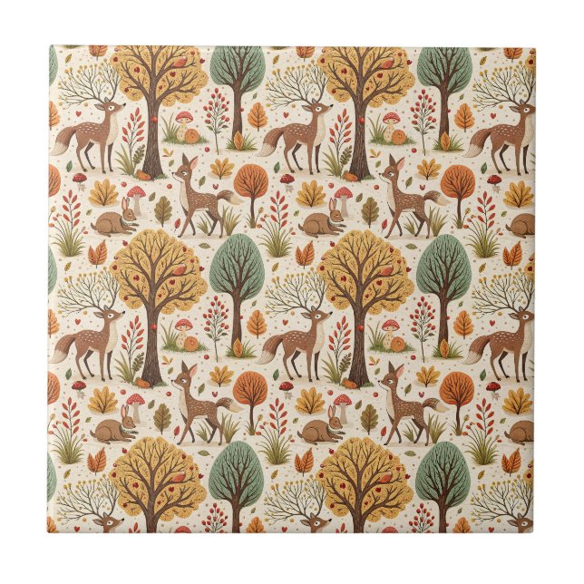 Woodland Animals & Autumn Forest Season Pattern Tile (Front)