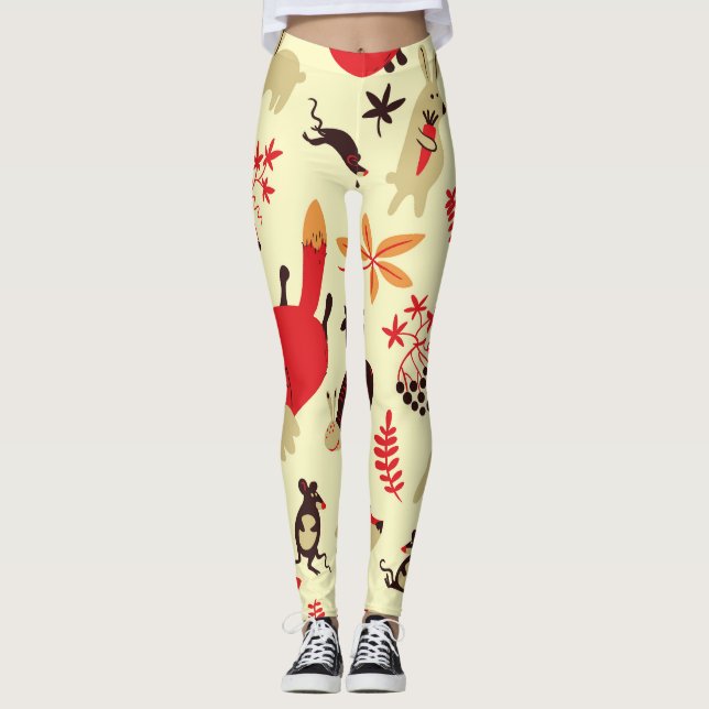 Woodland animals, autumn nature pattern. leggings (Front)