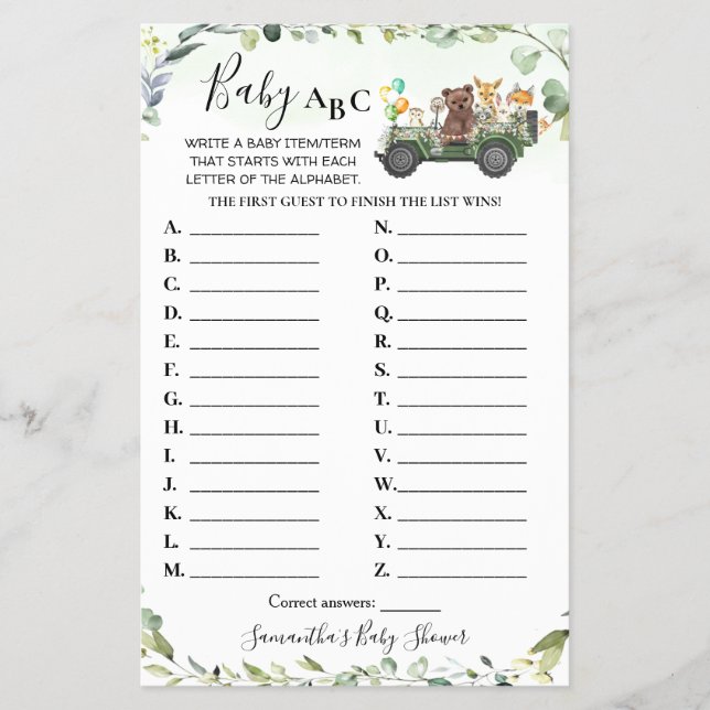 Woodland Animals Baby ABC Baby Shower Game Card (Front)