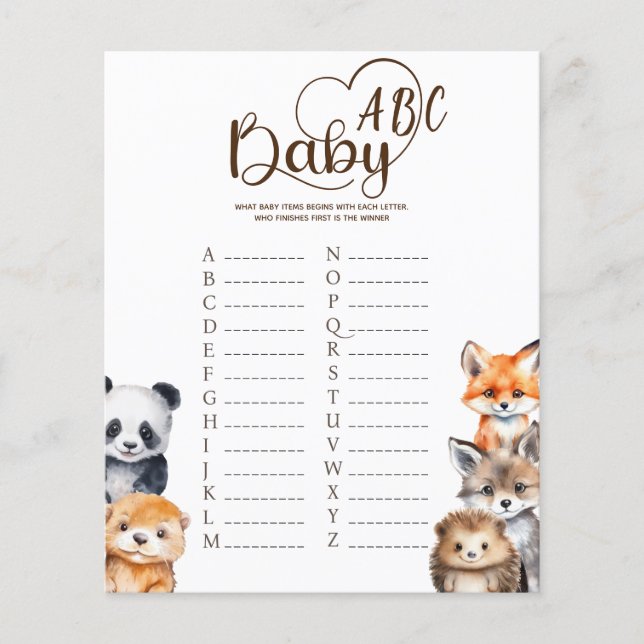 Woodland Animals Baby ABC Game Card (Front)