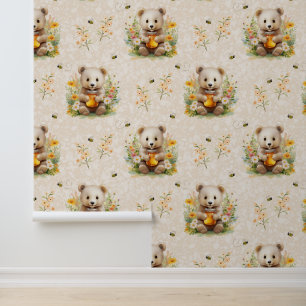 Woodland Animals Baby Bear Wild Flowers Honey Bee Wallpaper