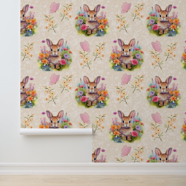 Woodland Animals Baby Bunny Floral Cream Wallpaper (Application)