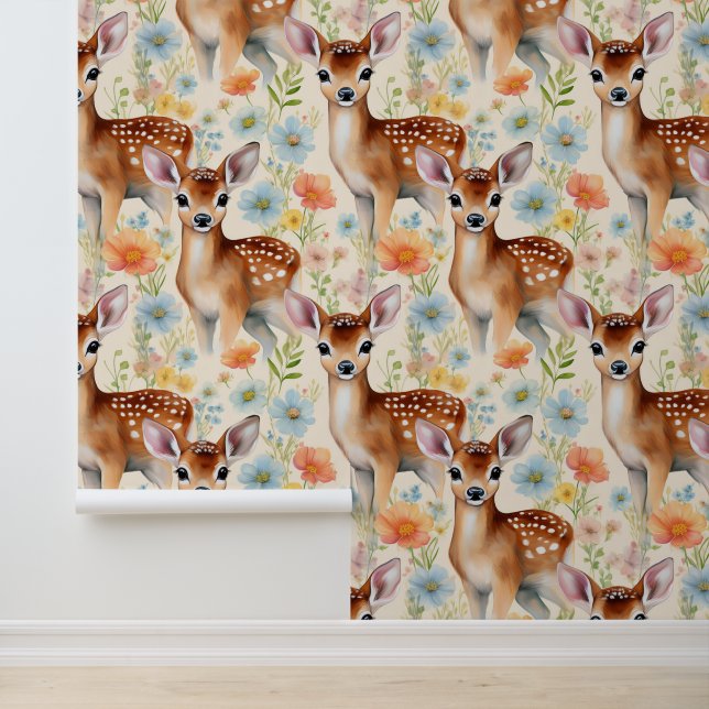 Woodland Animals Baby Deer Fawn Floral Cream Wallpaper (Application)