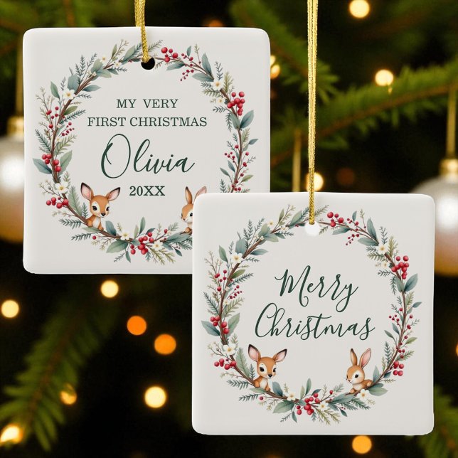 Woodland Animals Baby First Merry Christmas  Ceramic Ornament (Creator Uploaded)