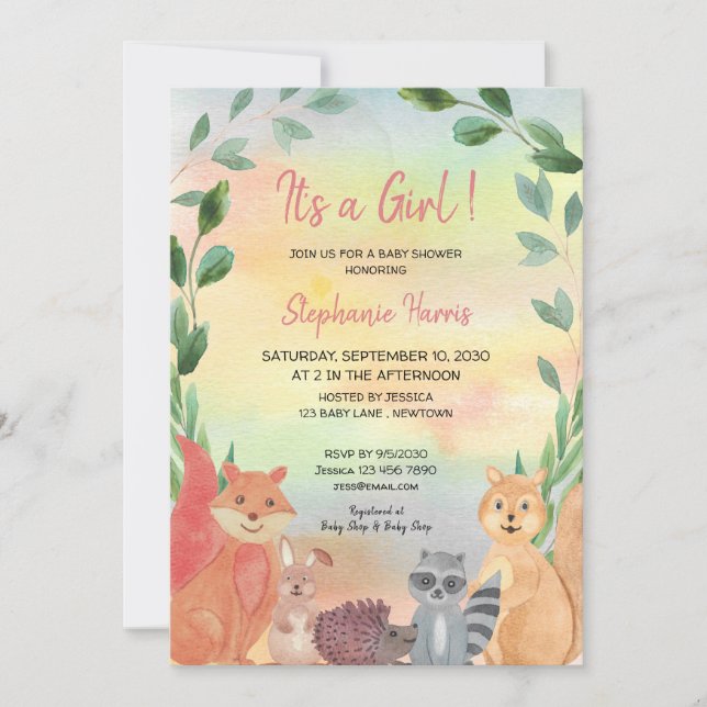 Woodland Animals Baby Girl Baby Shower Invitation (Front)