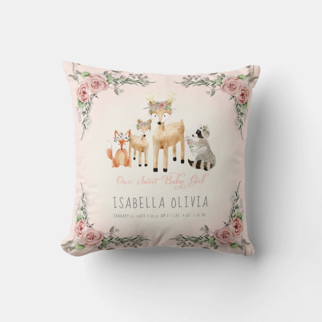 Woodland Animals Baby Girl Birth Info Watercolor Cushion (Front)