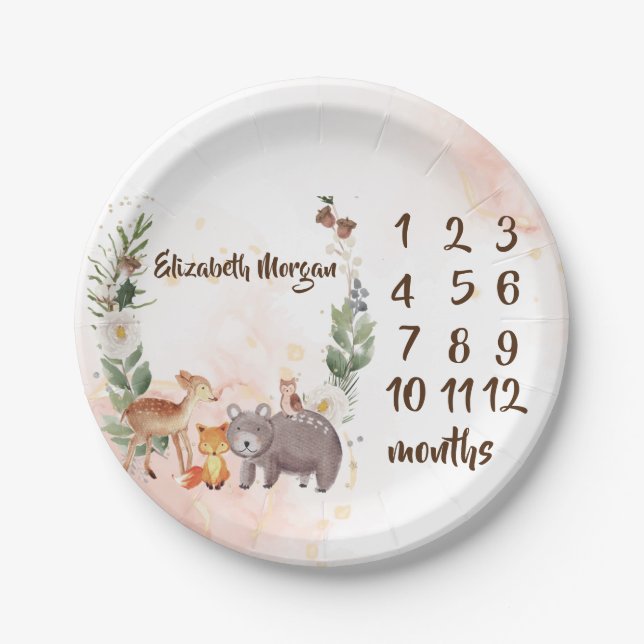 Woodland Animals  Baby Girl Month Milestone  Paper Plate (Front)