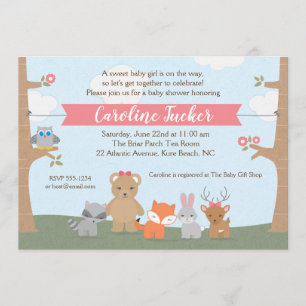 Woodland Animals Baby Girl Shower Invitation