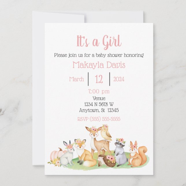 Woodland Animals Baby Girl Shower Invitation (Front)