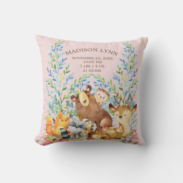 Woodland Animals Baby Girls Birth Stats Pillow (Front)