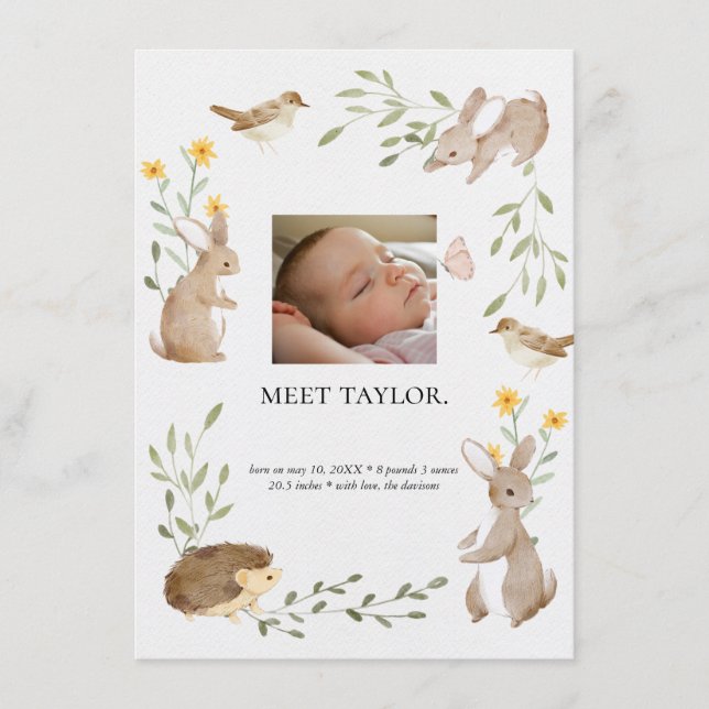 Woodland Animals Baby Photo Birth Announcement (Front)
