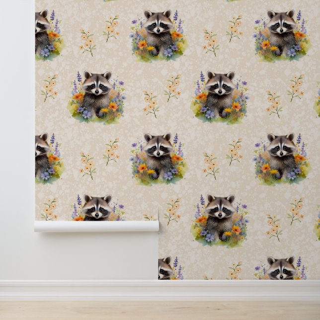 Woodland Animals Baby Racoon Wild Flowers Cream  Wallpaper (Application)