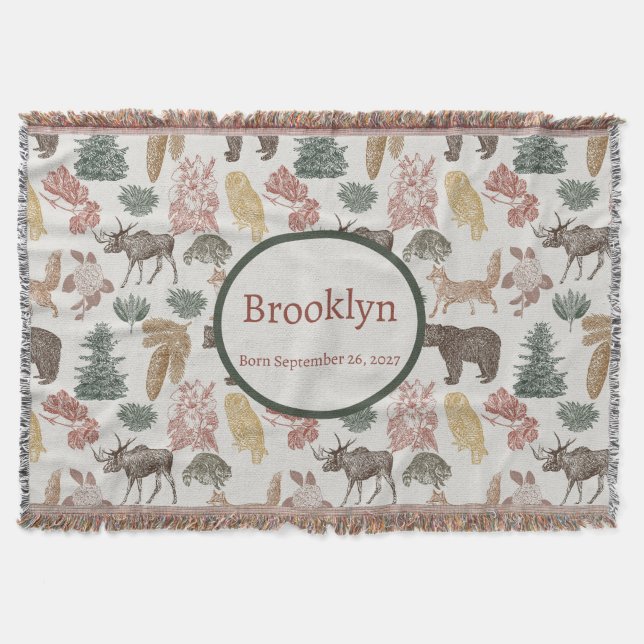 Woodland Animals Baby– Rustic Bears, Foxes, Owl Throw Blanket (Front)