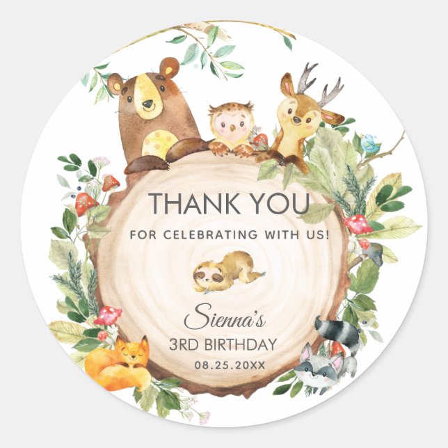 Woodland Animals Baby Shower 1st Birthday Favour Classic Round Sticker (Front)