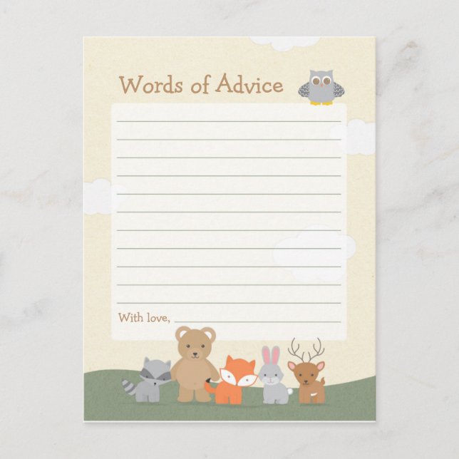 Woodland Animals Baby Shower Advice Game Postcard (Front)
