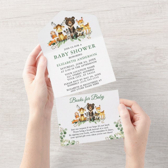 Woodland Animals Baby Shower and Books All In One Invitation (Tearaway)