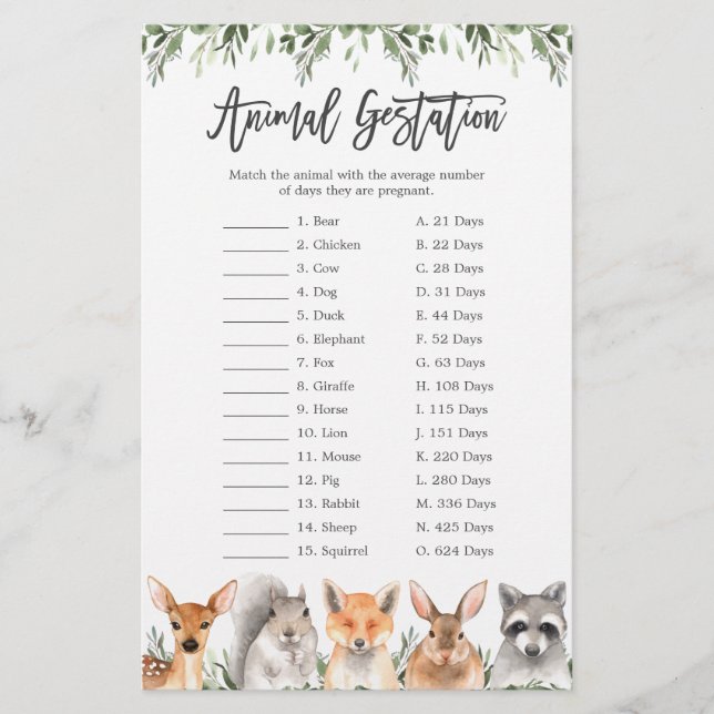 Woodland Animals Baby Shower Animal Gestation Game (Front)
