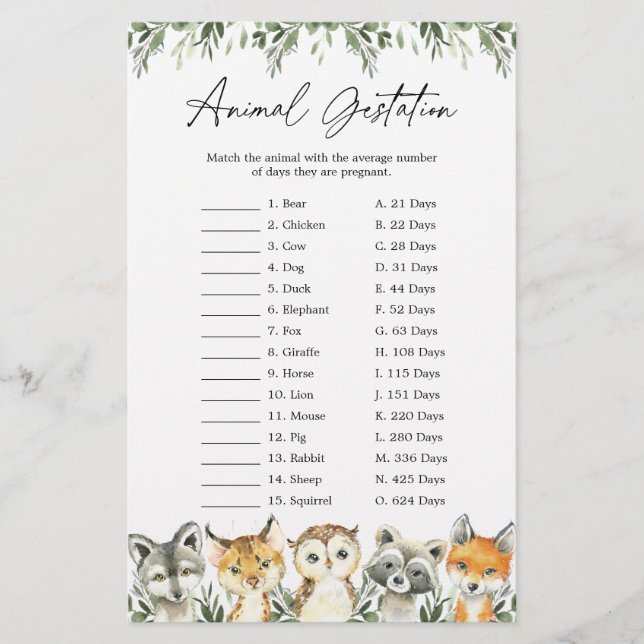 Woodland Animals Baby Shower Animal Gestation Game (Front)