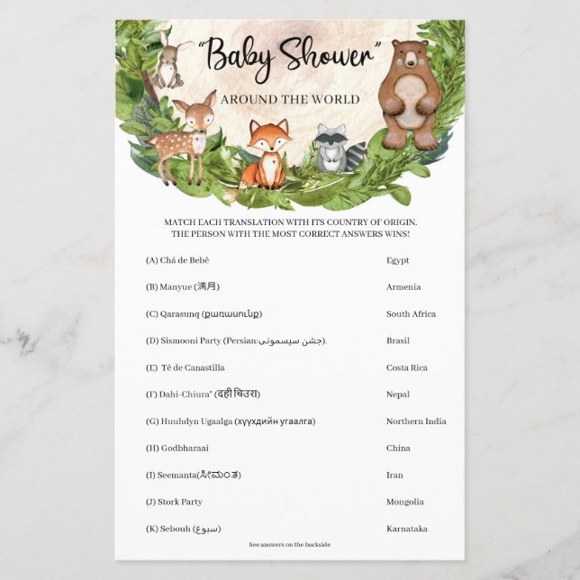Woodland animals Baby Shower Around the World (Front)