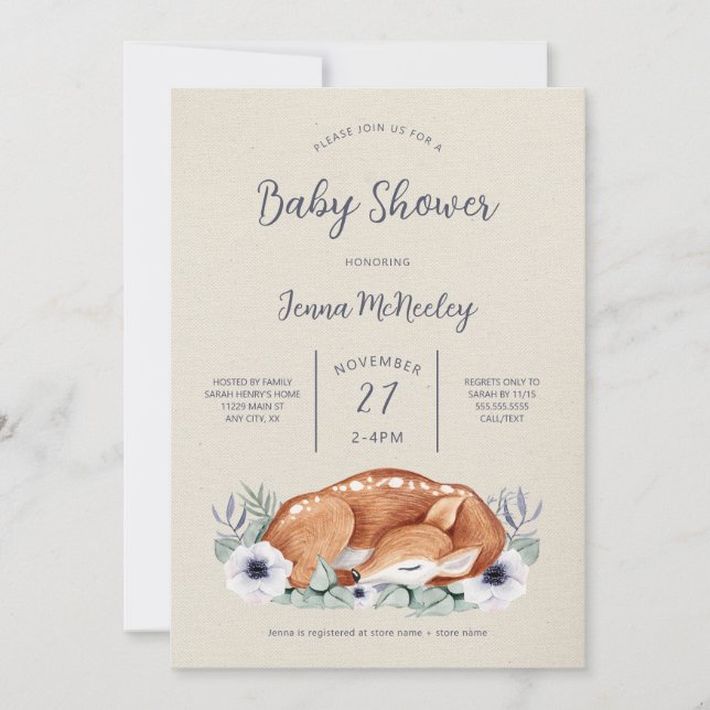 Woodland Animals Baby Shower, baby deer invitation (Front)