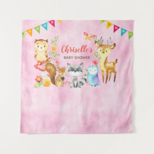 Woodland Animals Baby Shower Backdrop Banner Pink Tapestry