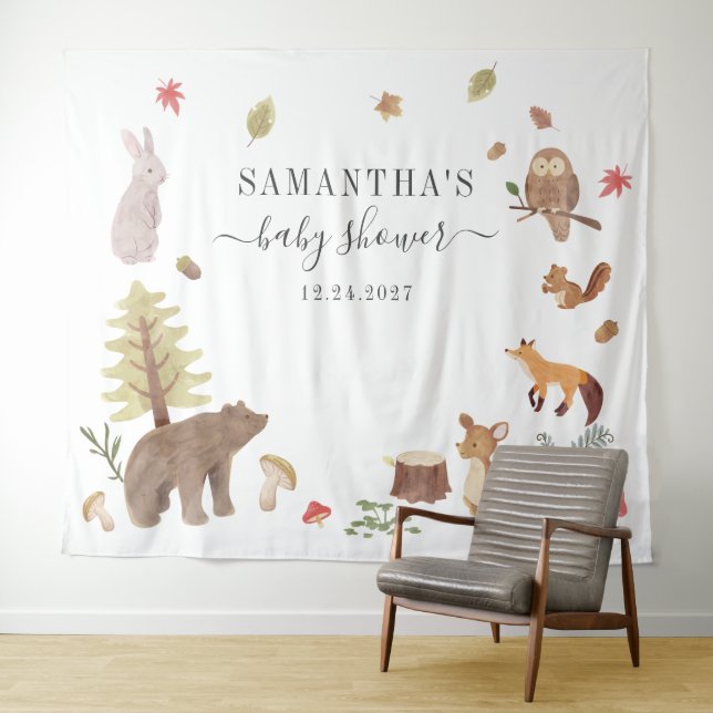 Woodland Animals Baby Shower Backdrop Photo Prop Tapestry (In Situ (Horizontal))