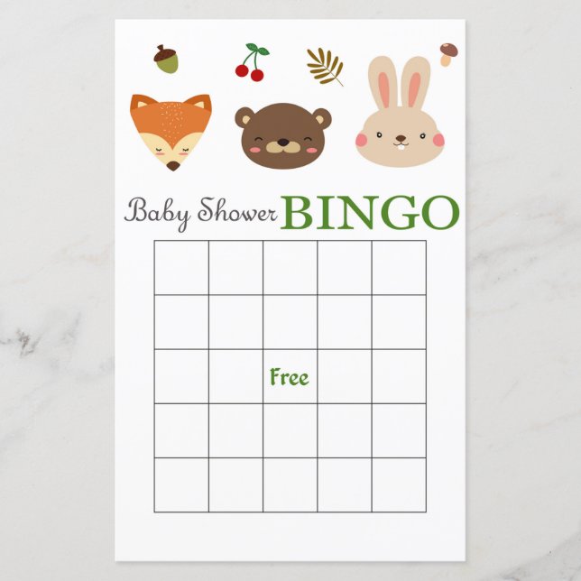 Woodland animals baby shower bingo card (Front)