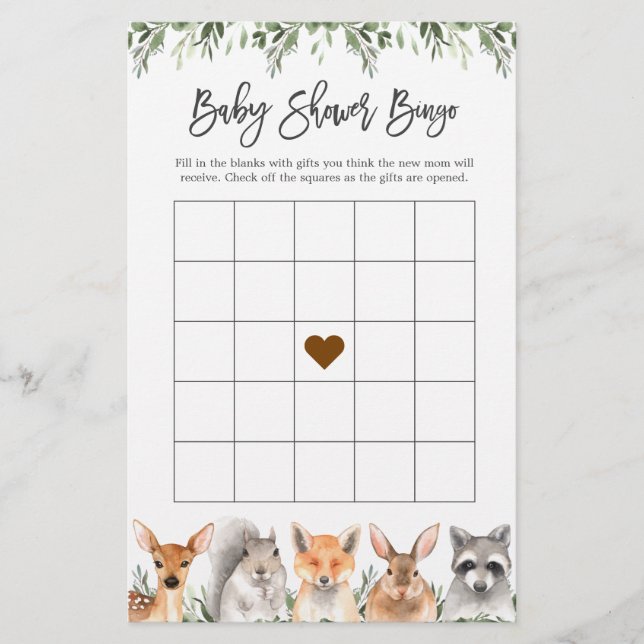 Woodland Animals Baby Shower Bingo Game (Front)
