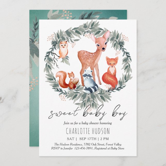 Woodland Animals Baby Shower Boy Invitation (Front/Back)