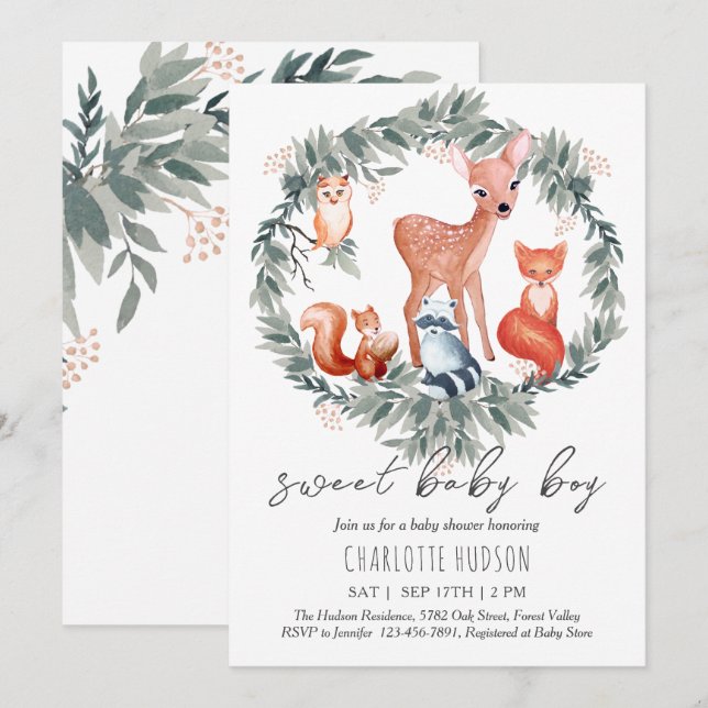 Woodland Animals Baby Shower Boy Invitation (Front/Back)