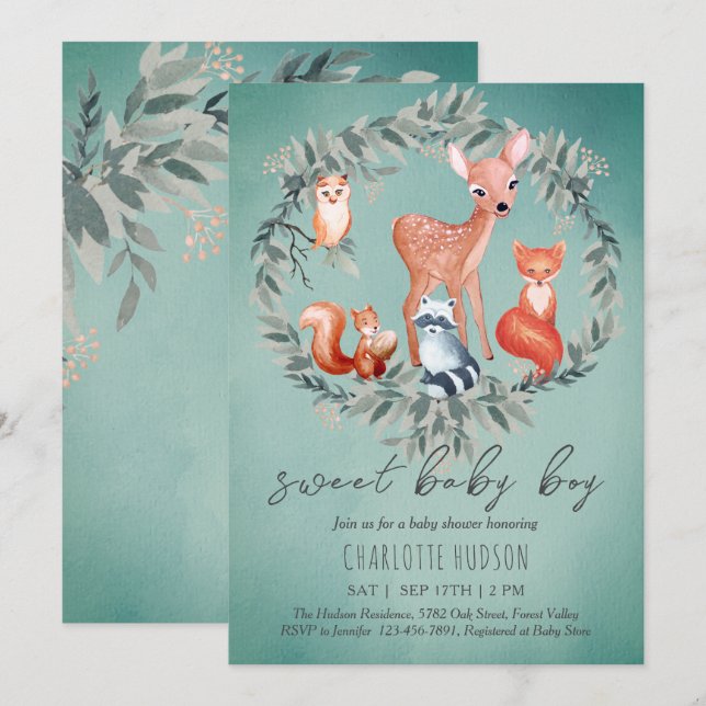 Woodland Animals Baby Shower Boy Invitation (Front/Back)