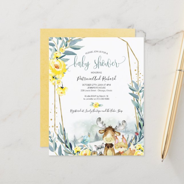 Woodland Animals Baby Shower Budget Invitations (Front/Back In Situ)