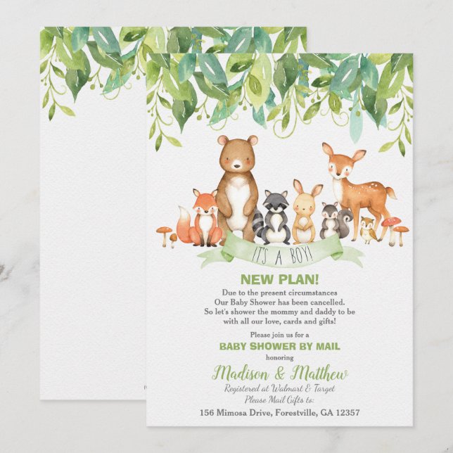 Woodland Animals Baby Shower by Mail Greenery Boy Invitation (Front/Back)