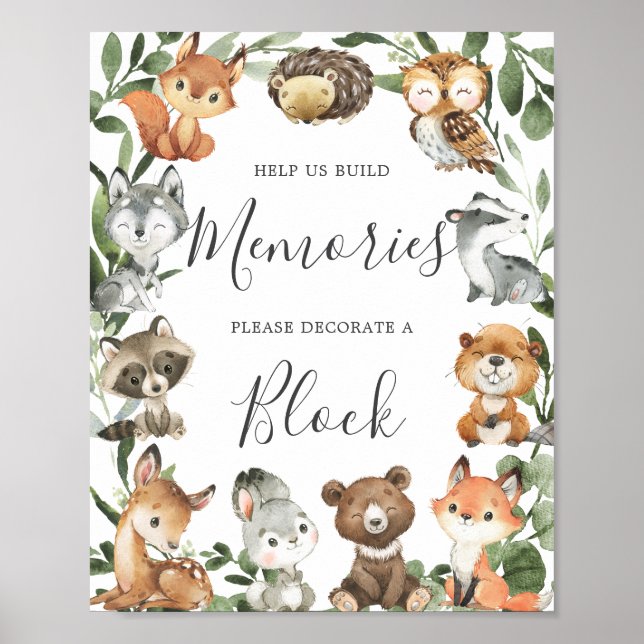 Woodland Animals Baby Shower Decorate A Block Sign (Front)