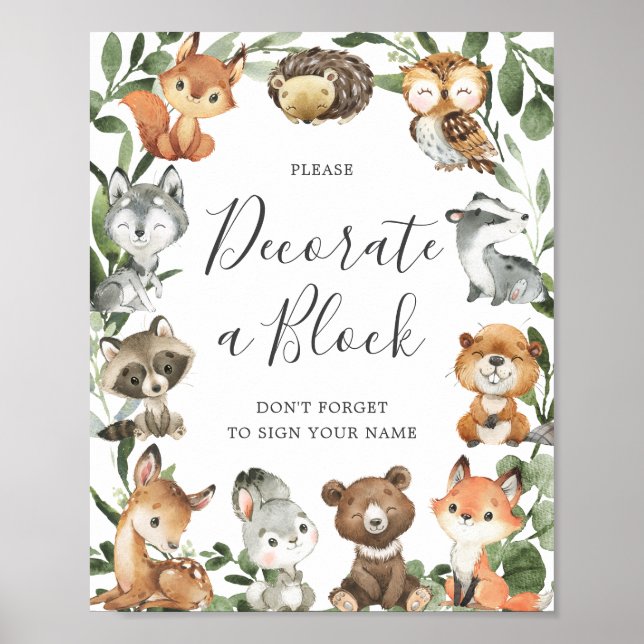 Woodland Animals Baby Shower Decorate A Block Sign (Front)