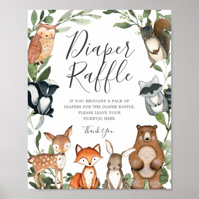 Woodland Animals Baby Shower Diaper Raffle Sign (Front)
