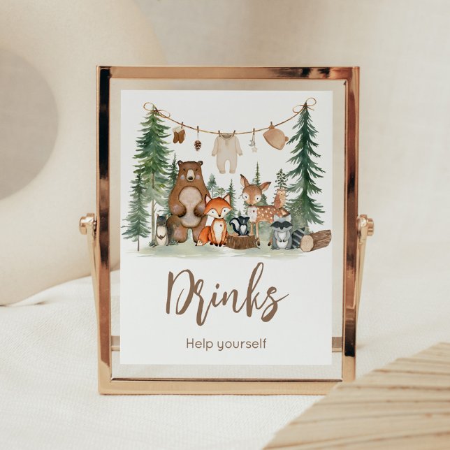 Woodland Animals Baby Shower Drinks Sign (Woodland Animals Adventure Awaits Rustic Baby Shower Sign)