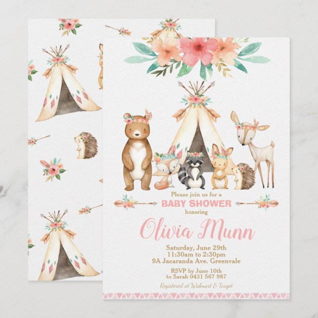 Woodland Animals Baby Shower Forest Animal Girl Invitation (Front/Back)