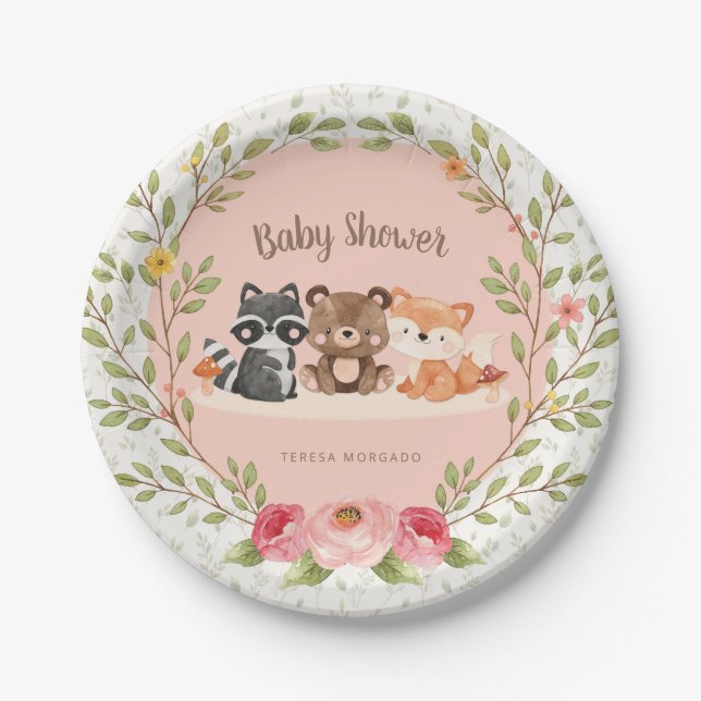 Woodland Animals Baby Shower Forest Creatures Girl Paper Plate (Front)