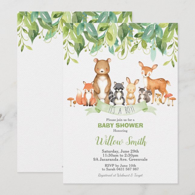 Woodland Animals Baby Shower Forest Greenery Boy Invitation (Front/Back)