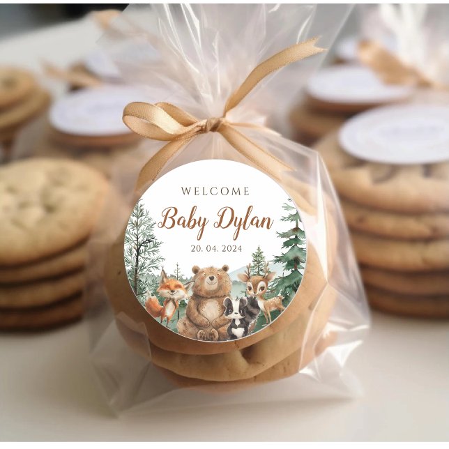 Woodland Animals baby shower Gift Box Classic Round Sticker (Creator Uploaded)