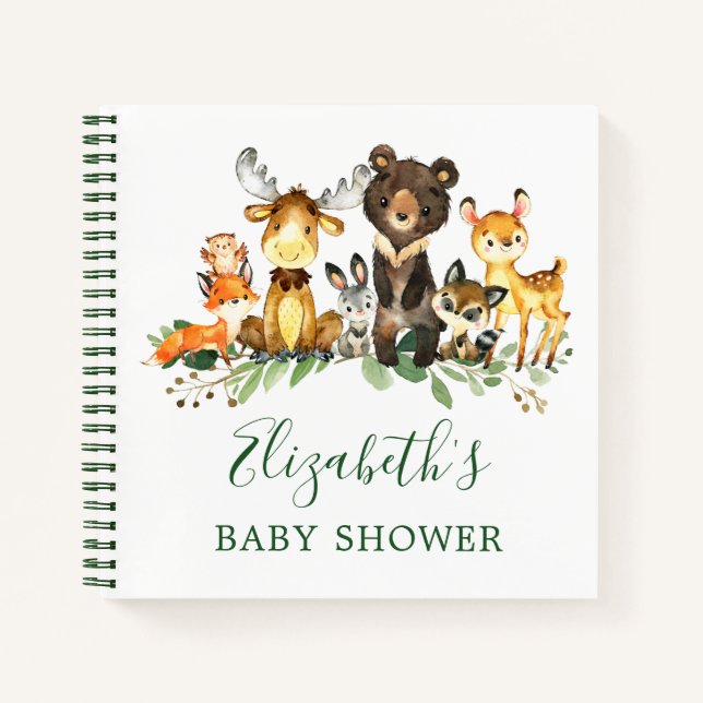 Woodland Animals Baby Shower Gift List Green Notebook (Front)