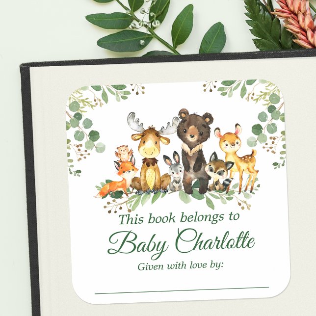 Woodland Animals Baby Shower Green Bookplate Label (Customize to change text size, color or text style.)