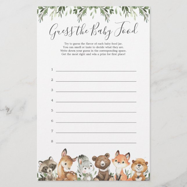 Woodland Animals Baby Shower Guess The Baby Food (Front)