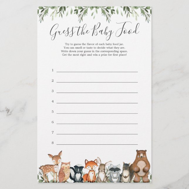 Woodland Animals Baby Shower Guess The Baby Food (Front)