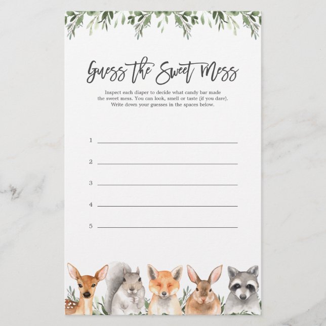 Woodland Animals Baby Shower Guess The Sweet Mess (Front)