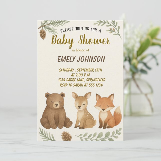 Woodland Animals Baby Shower Invitation (Standing Front)