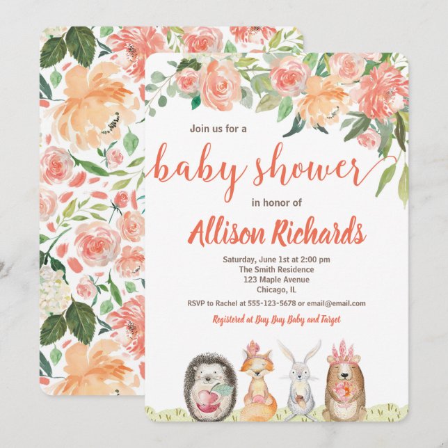 Woodland animals baby shower invitation girl (Front/Back)